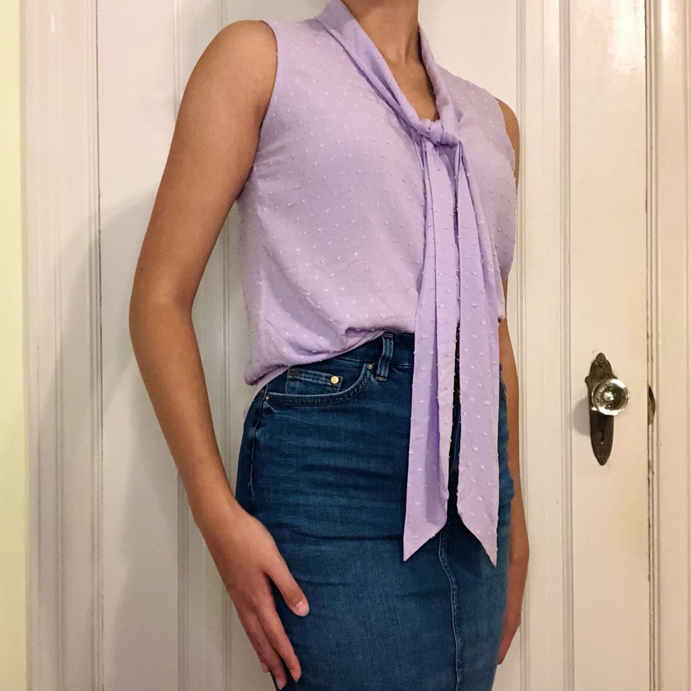 Calvin Klein Lilac Embossed Tie Neck Button Blouse